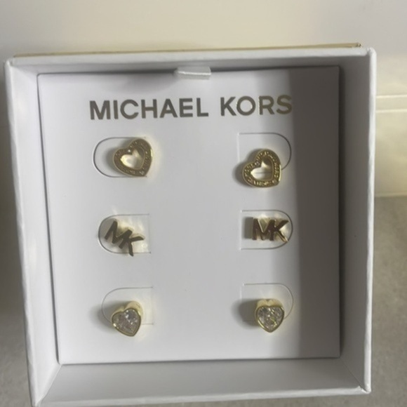 MICHAEL KORS Gold Tone MK Logo Open Heart Pave Crystal Stud Earrings Trio Set - Picture 1 of 7
